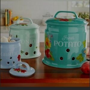 Floral Stonware Kitchen Storage Vegetable Keeper. Canister Set Of 3.
